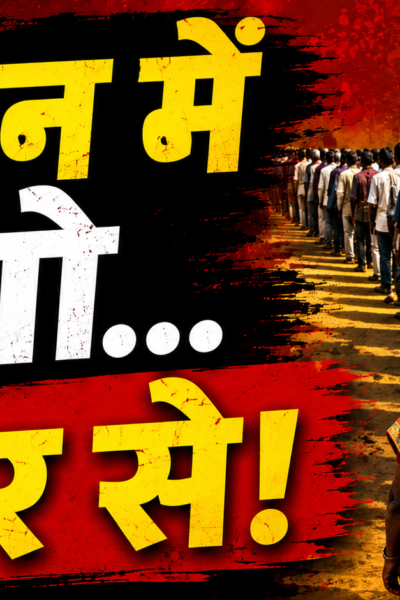 लाइन में खड़े आम भारतीय लोगों की लंबी कतार को दिखाता हाई-कॉन्ट्रास्ट राजनीतिक थंबनेल, रेड और ब्लैक बैकग्राउंड, बोल्ड हिंदी टेक्स्ट “लाइन में लगो… फिर से!”, गंभीर माहौल और सिनेमैटिक न्यूज स्टाइल डिजाइन।
