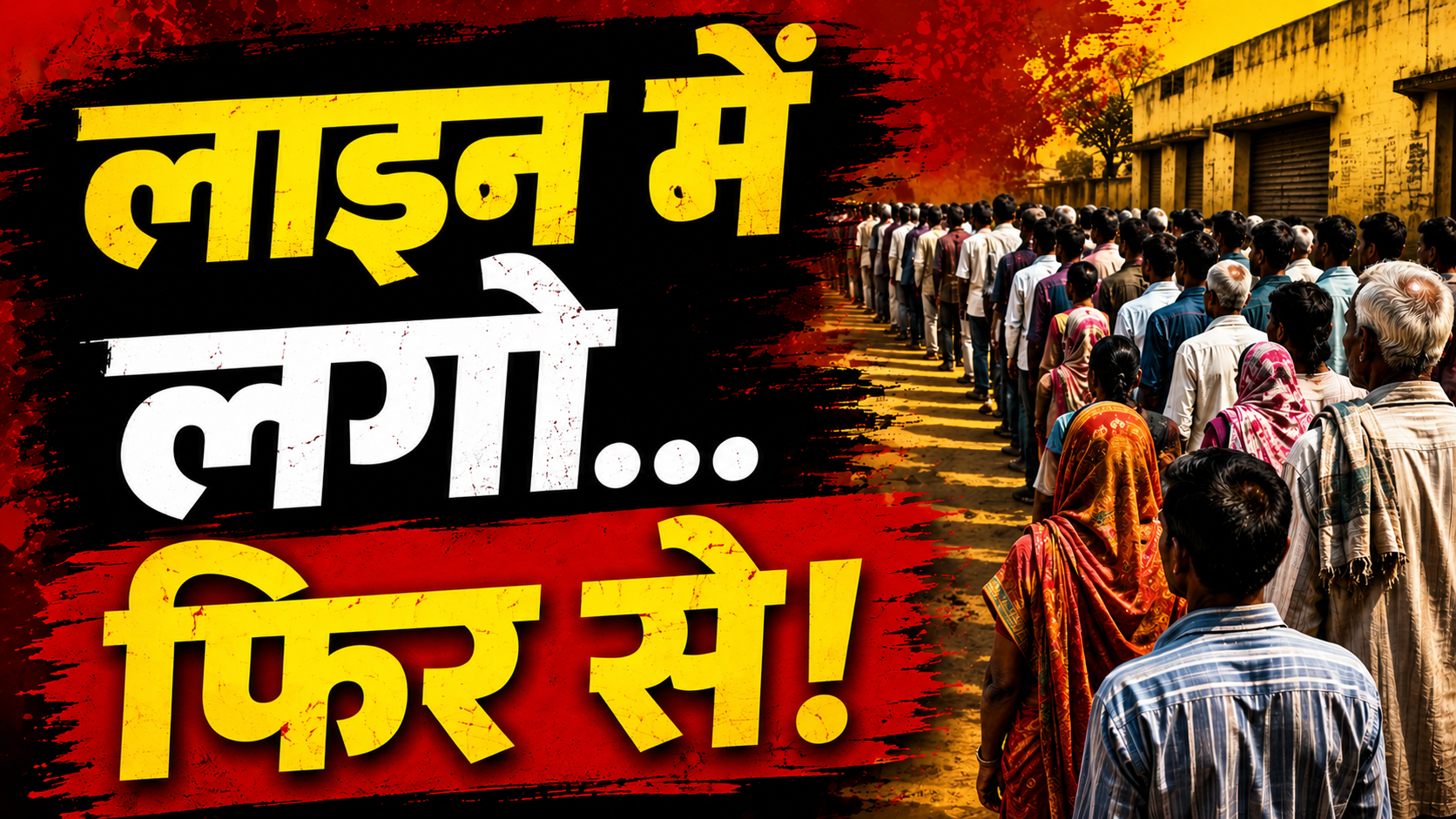 लाइन में खड़े आम भारतीय लोगों की लंबी कतार को दिखाता हाई-कॉन्ट्रास्ट राजनीतिक थंबनेल, रेड और ब्लैक बैकग्राउंड, बोल्ड हिंदी टेक्स्ट “लाइन में लगो… फिर से!”, गंभीर माहौल और सिनेमैटिक न्यूज स्टाइल डिजाइन।