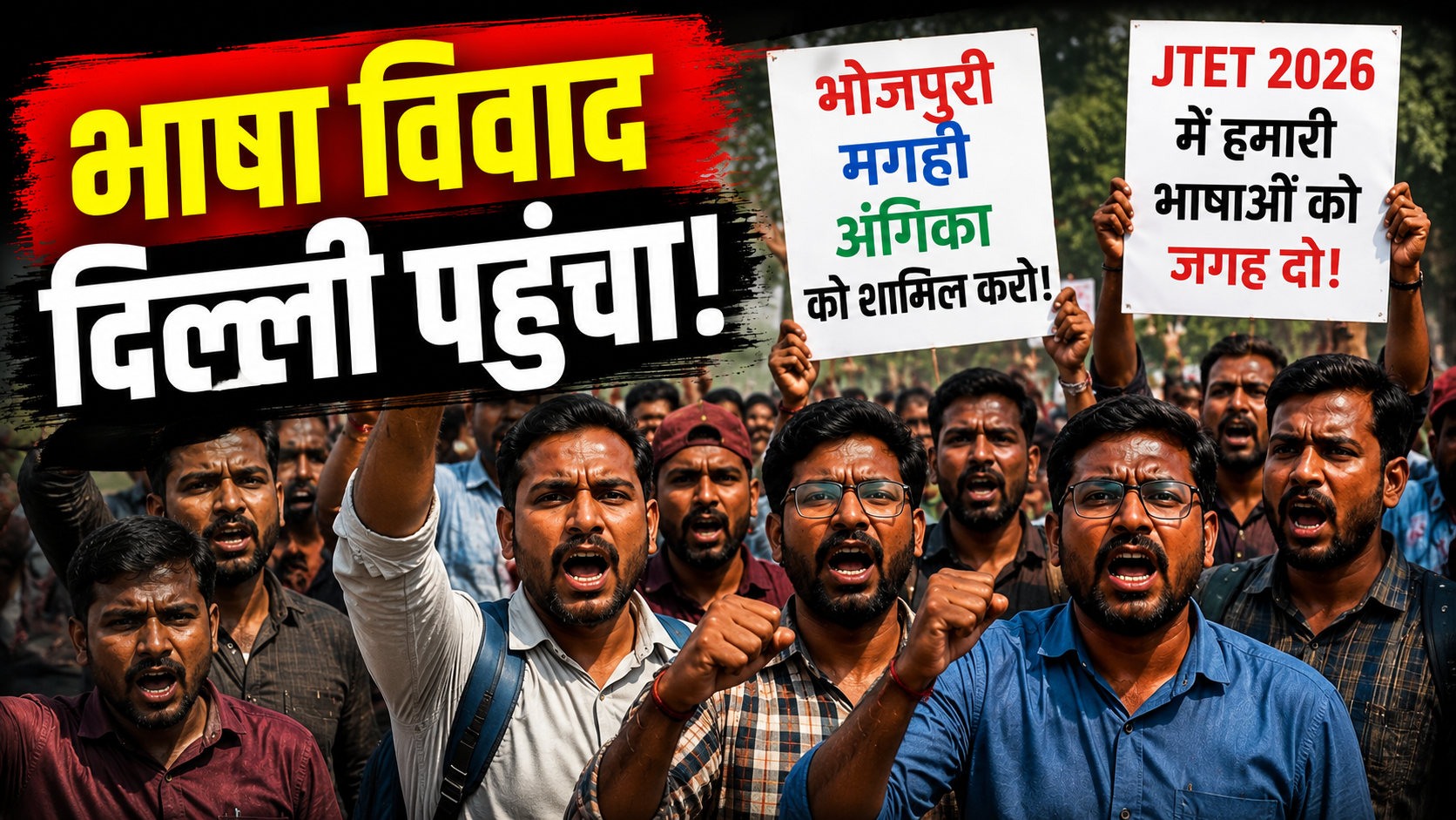 JTET 2026 में भोजपुरी, मगही और अंगिका को शामिल करने की मांग को लेकर प्रदर्शन करते युवा