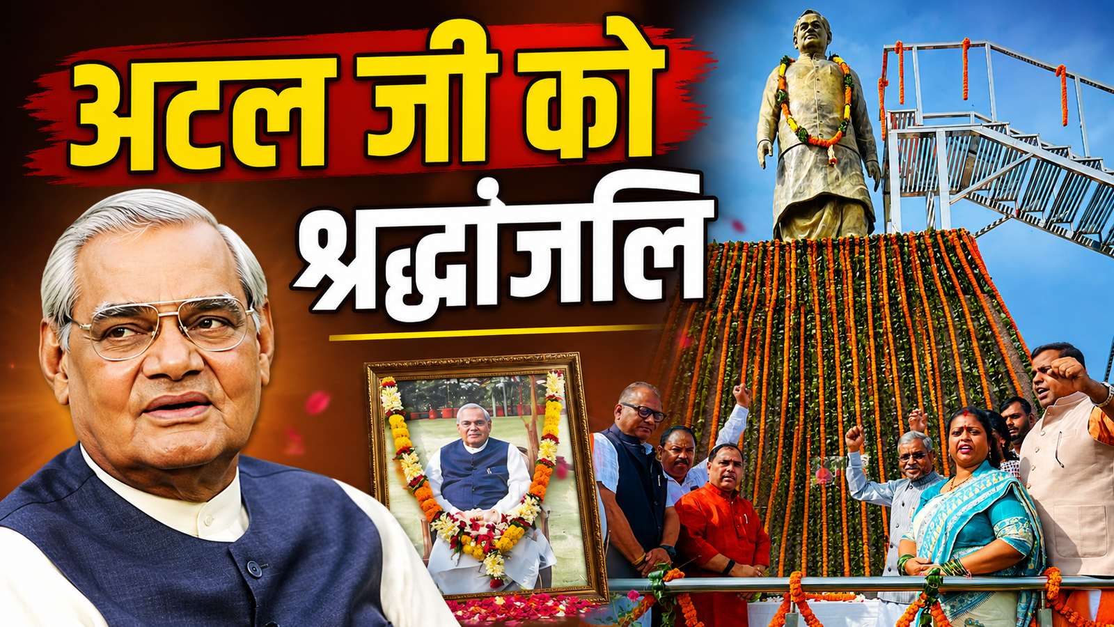 अटल बिहारी वाजपेयी की पुण्यतिथि पर प्रतिमा पर श्रद्धांजलि देते बाबूलाल मरांडी और कर्मवीर सिंह