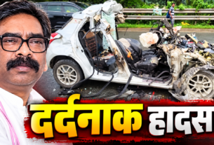 जमशेदपुर एनएच सड़क हादसे में क्षतिग्रस्त कार और मुख्यमंत्री हेमंत सोरेन