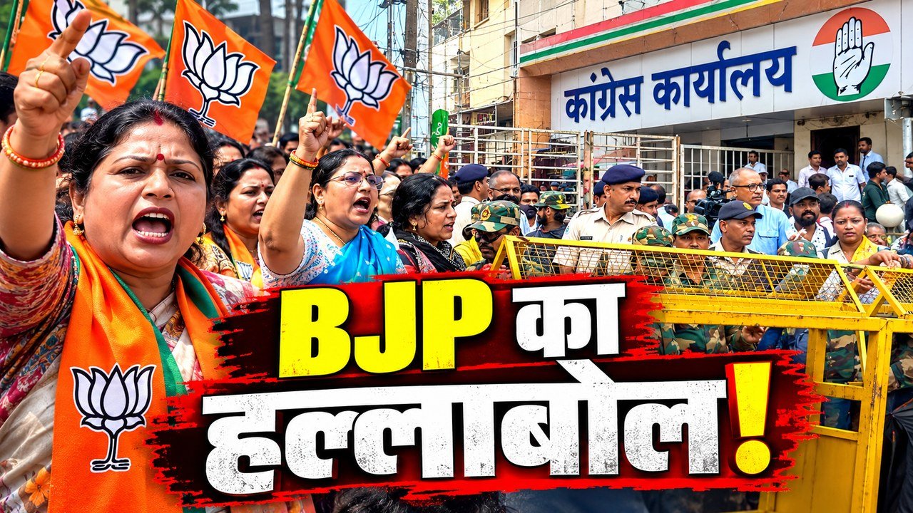 रांची में कांग्रेस कार्यालय के पास बैरिकेडिंग के सामने प्रदर्शन करतीं भाजपा महिला मोर्चा की नेता